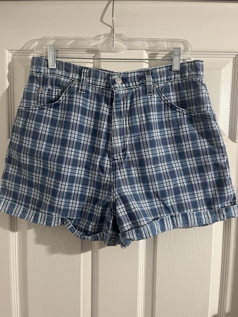 Vintage 90's Levi's 954 Plaid Shorts Women's Sz 13 Blue Denim Orange Tab